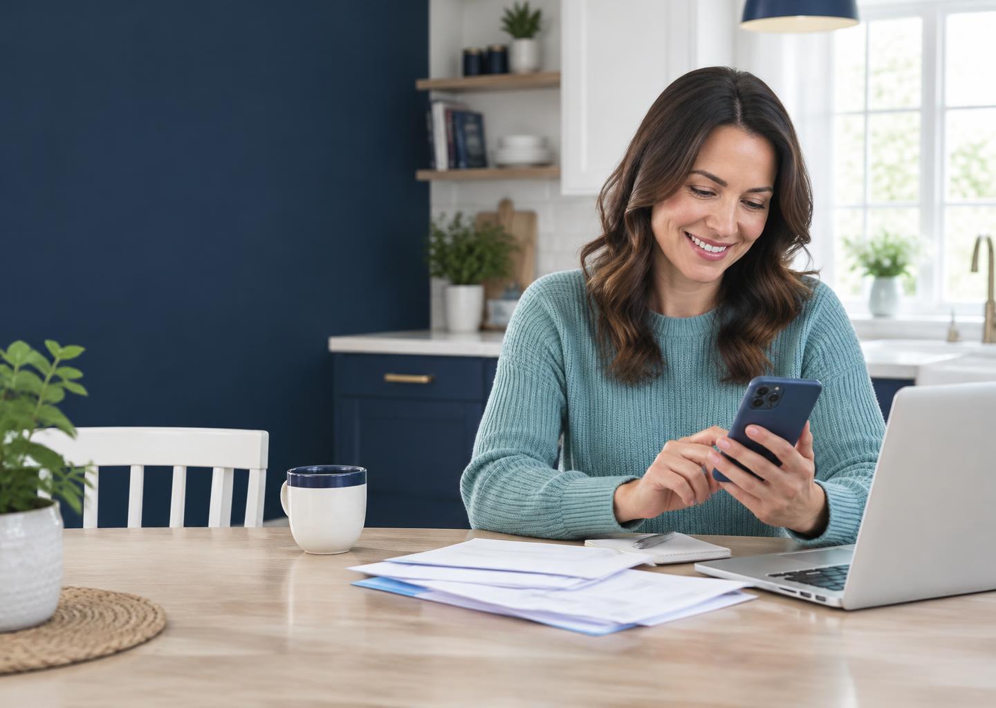 A member reviewing her finances on her phone at home